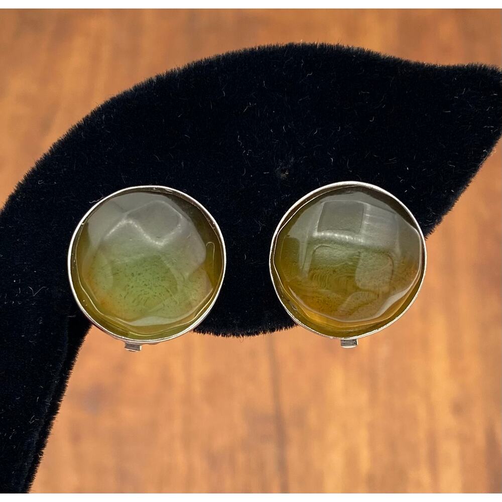 Vintage Givenchy Paris New York Signed Clip On Earrings Faceted Olive Cabochons